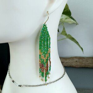 Boho Chic Green and Gold Beaded Fringe Earrings, Cascade Shoulder Duster